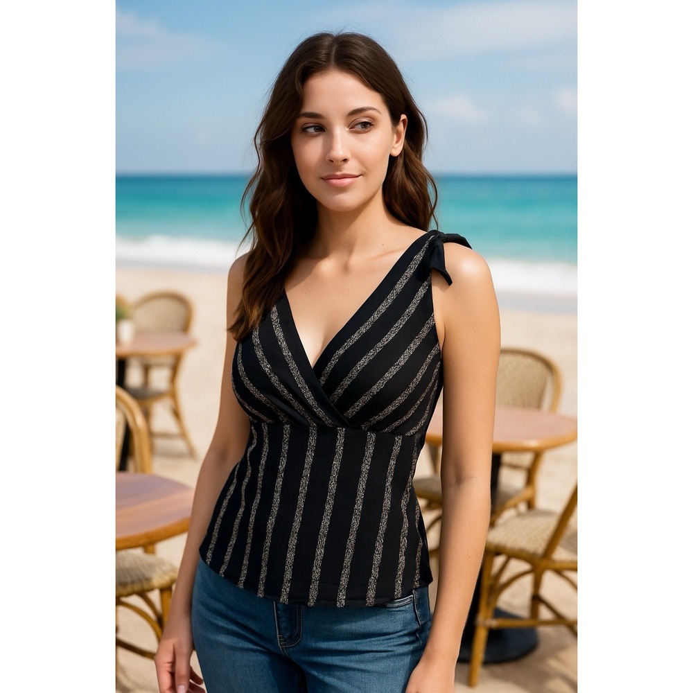Ann Taylor Top Womens 4 Striped V Neck Tie Shoulder Babydoll Coquette Y2K